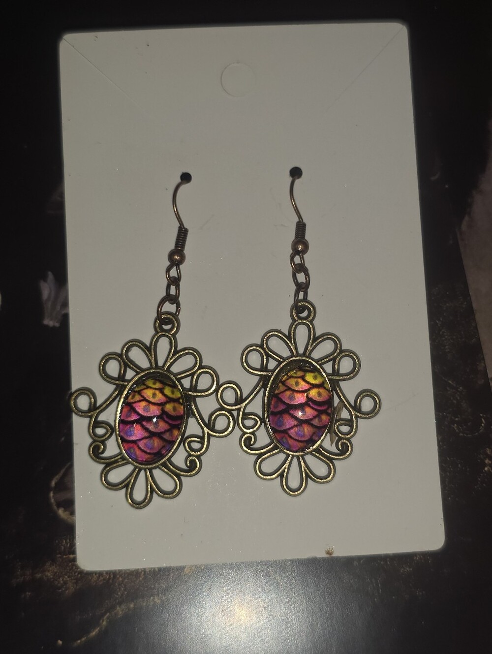 Colorful Cabochon Earrings Inside A Bronze Tone Metal Frame